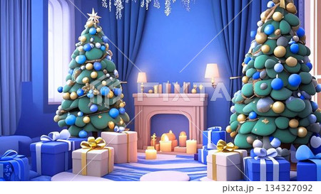 クレイ粘土風　クリスマスツリーと暖炉のある部屋 134327092