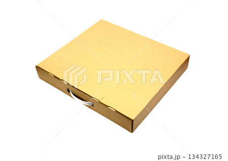 light brown cardboard suitcase box with a handle, isolated on a white background 134327165