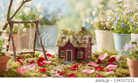 Deep Red Mini House with Wooden Swing and Rose Petals 134327211