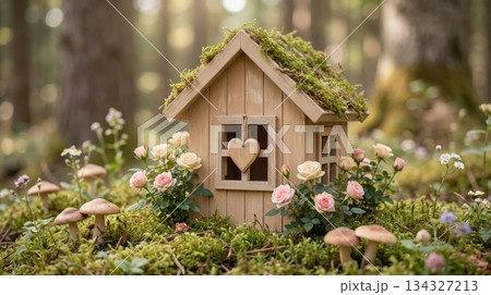 Light Brown Wooden Cottage Mini House with Heart on Window Light Brown Wooden Cottage Mini House with Heart on Window 134327213