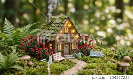 Wooden Mini House with Lights and Small Rose Bush Wooden Mini House with Lights and Small Rose Bush 134327223