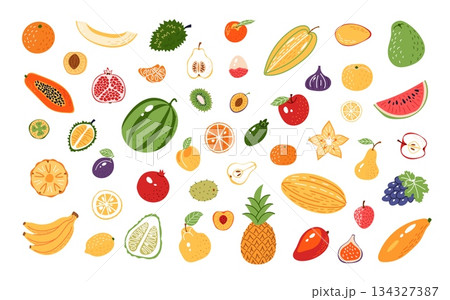 Fruits and berries. A large set of colorful exotic elements in cartoon style. Vector illustration 134327387