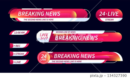 Set of broadcast news lower third banner templates for TV. Futuristic bars for news, streaming and broadcasting. 134327390