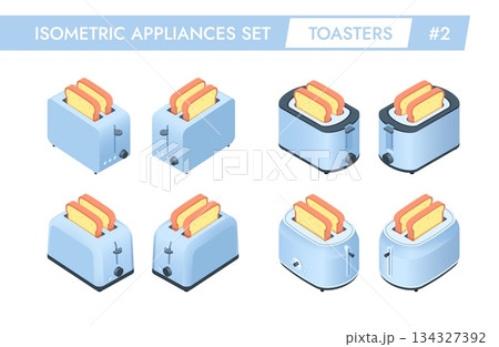 Isometric 3d set of different kitchen toasters Isometric 3d set of different kitchen toasters 134327392