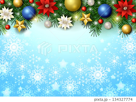 クリスマス背景、雪の結晶と星、水色、キラキラ、モミの木、かわいい、イラスト、横 134327774