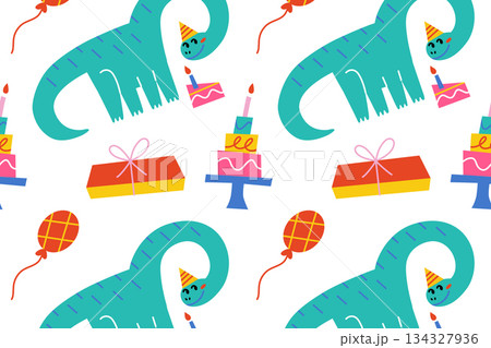 Flat cartoon vector illustration, cute diplodocus dinosaur birthday pattern with party hats, cake candles, gifts, playful cheerful seamless design for wrapping paper, cards and festive projects 134327936