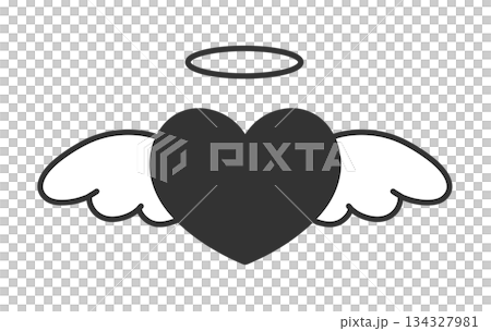 Simple hand-drawn illustration icon of a heart with wings and a halo 134327981
