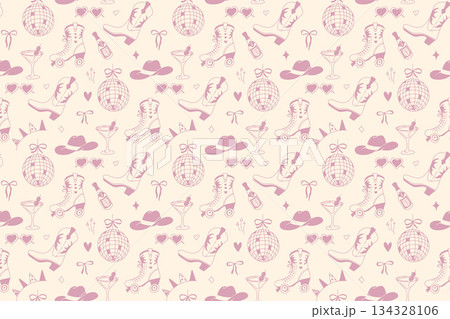 Whimsical cowgirl seamless pattern with horseshoes and glitter hearts 134328106
