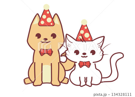 お祝いの衣装のかわいい仔犬と仔猫 134328111