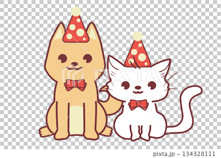 お祝いの衣装のかわいい仔犬と仔猫 134328111