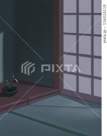 夜の静けさに包まれた和室の背景イラスト 134328119