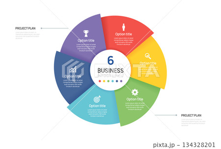 Vector infographic label design with business circle infographic template design 6 options steps. Can be used for process diagram, workflow layout, banner, flow chart presentations. 134328201