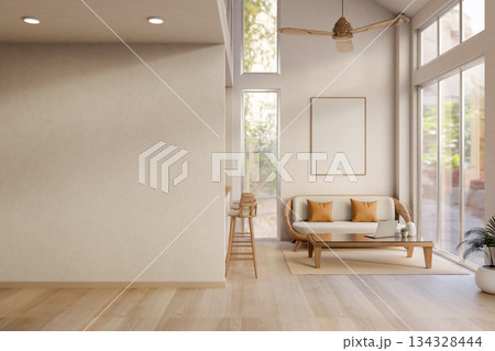 White wall aside living room with sofa and table on carpet and wooden parquet floor and glass window 134328444