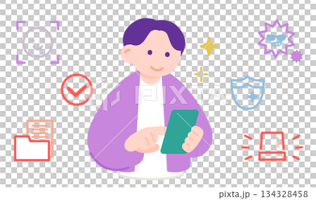 一名男子正在使用智慧型手機驗證身分。畫面顯示人臉辨識和安全警告。 134328458