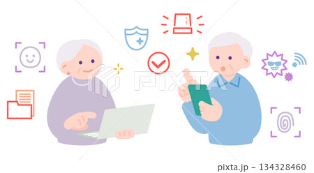 スマホとノートパソコンを使う高齢者夫婦 スマホとノートパソコンを使う高齢者夫婦 134328460