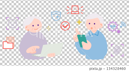 スマホとノートパソコンを使う高齢者夫婦 スマホとノートパソコンを使う高齢者夫婦 134328460