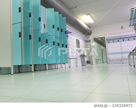 Lockers in empty locker room at sports club. Fitness center and swimming pool. Sports and health. 134328472