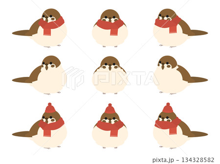 冬に丸くふくらんだスズメのかわいいベクターイラストセット(マフラー・ニット帽) 冬に丸くふくらんだスズメのかわいいベクターイラストセット(マフラー・ニット帽) 134328582