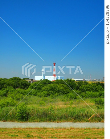 初夏の江戸川土手から見る河川敷と対岸の排水機場風景 134328596