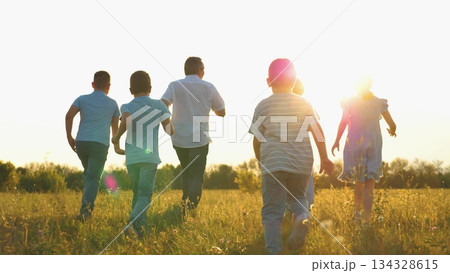 Child kid superhero, childhood dream flying, mother father run nature sunset, family running park summer, children playing outdoors at dusk, family time under a warm sky, kids running with parents 134328615