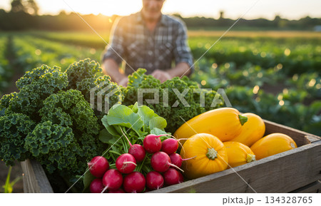 Freshly Harvested Vegetables in Wooden Crate at Sunset Farm Freshly Harvested Vegetables in Wooden Crate at Sunset Farm 134328765