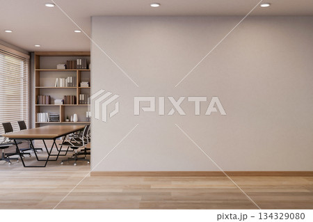 White wall and corridor or hallway aside meeting room with table and chairs on wooden parquet floor White wall and corridor or hallway aside meeting room with table and chairs on wooden parquet floor 134329080
