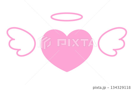 羽とヘイローがついたシンプルなハートの手描きイラストアイコン ピンク 134329118
