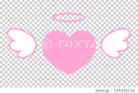 羽とヘイローがついたシンプルなハートの手描きイラストアイコン ピンク 134329118