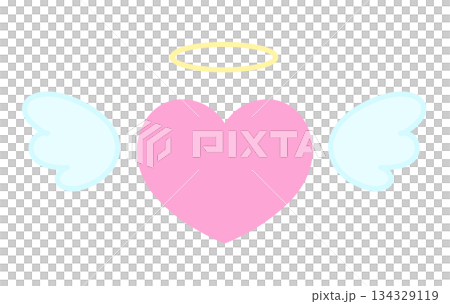 Simple hand-drawn illustration icon of a heart with wings and a halo 134329119