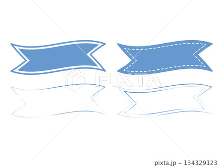 手書き風アウトラインの飾りリボン・ブルーのリボンバナー4点セット 134329123