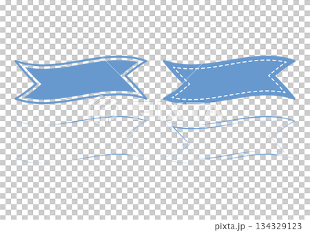 手書き風アウトラインの飾りリボン・ブルーのリボンバナー4点セット 134329123