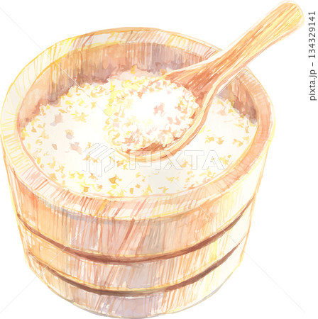 水彩で描いたおひつに入った炊き立てご飯のイラスト　ベクター 134329141