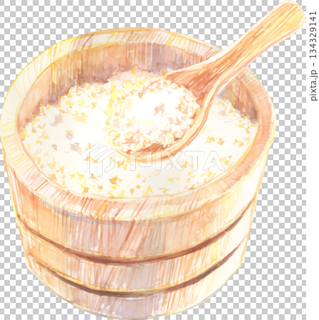 水彩插圖，描繪了盛放在米罐中的新鮮米飯。 134329141