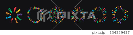 Crayon doodle confetti set. Color pencil hand drawn firework symbol. Chalk color birthday firecracker and confetti. Crayon graphic design element. Vector illustration isolated on black background Crayon doodle confetti set. Color pencil hand drawn firework symbol. Chalk color birthday firecracker and confetti. Crayon graphic design element. Vector illustration isolated on black background 134329437