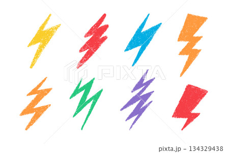 Doodle crayon lightning symbol. Hand drawn chalk lightning with grunge texture. Graphic element for fun collages. Crayon doodle color thunder. Vector pencil illustration isolated on white background Doodle crayon lightning symbol. Hand drawn chalk lightning with grunge texture. Graphic element for fun collages. Crayon doodle color thunder. Vector pencil illustration isolated on white background 134329438
