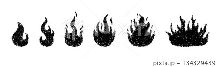 Doodle fire in crayon style. Hand drawn flame with grunge texture. Coal design element for fun collages, stickers. Crayon doodle black fire. Vector pencil illustration isolated on white background Doodle fire in crayon style. Hand drawn flame with grunge texture. Coal design element for fun collages, stickers. Crayon doodle black fire. Vector pencil illustration isolated on white background 134329439