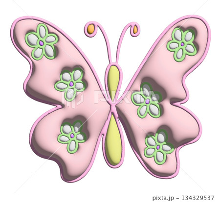 Inflated pastel pink butterfly with flower print in 3D for model, animal, spring, summer, flower, cartoon character, comic, mascot, label, patch, brooch, toy, doll, nature, garden, blossom, blooming 134329537