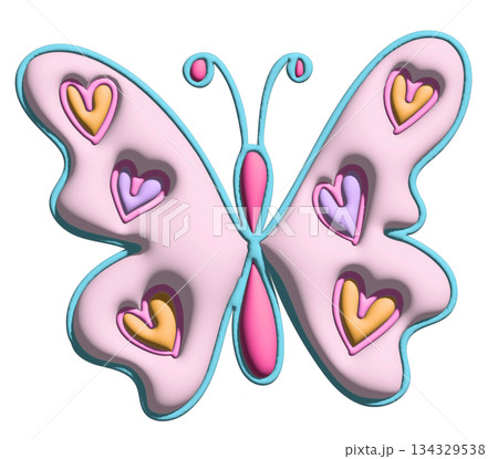 Inflated pastel pink butterfly with heart pattern in 3D for model, animal, spring, summer, flower, cartoon character, comic, mascot, label, patch, brooch, toy, doll, nature, garden, blossom, blooming 134329538