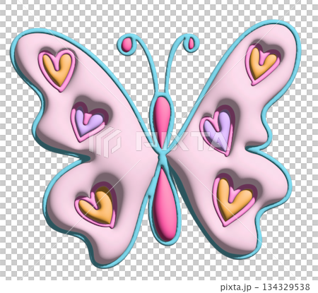 Inflated pastel pink butterfly with heart pattern in 3D for model, animal, spring, summer, flower, cartoon character, comic, mascot, label, patch, brooch, toy, doll, nature, garden, blossom, blooming 134329538