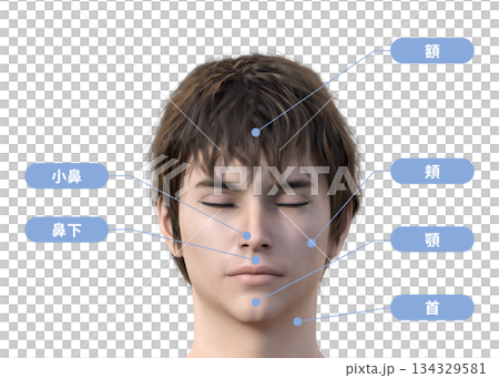Cosmetic hair removal: Illustration of facial hair removal treatment area for a man with his eyes closed, face up, front view Cosmetic hair removal: Illustration of facial hair removal treatment area for a man with his eyes closed, face up, front view 134329581