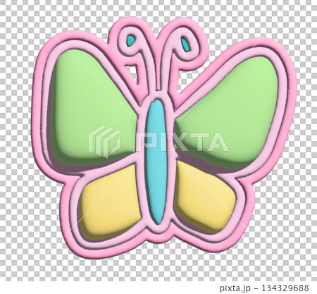 Inflated pastel butterfly in 3D for model, animal, spring, summer, flower, cartoon character, comic, mascot, cute patch, brooch, shirt print, plush toy, kid doll, nature, garden, blossom, blooming 134329688