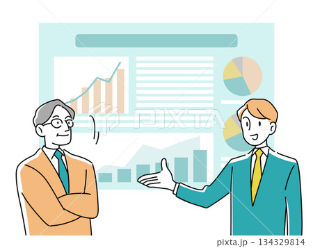 ビジネスプレゼンテーション用 架空グラフと説明する人物のイラスト ビジネスプレゼンテーション用 架空グラフと説明する人物のイラスト 134329814
