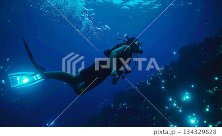 Scuba Diver Exploring a Dark Underwater Cave or Reef with Glowing Bioluminescent Lights 134329828
