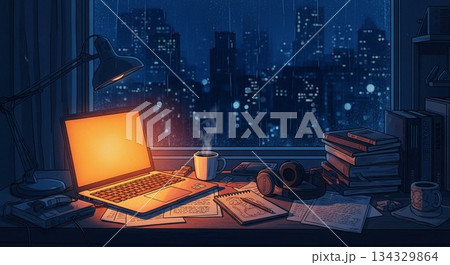 雨の夜の都会を眺めながら作業するデスクとノートパソコンのイラスト 雨の夜の都会を眺めながら作業するデスクとノートパソコンのイラスト 134329864