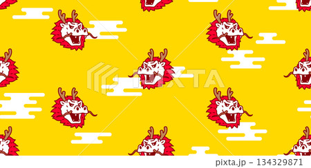 dragon seamless pattern chinese new year cartoon character face head monster cloud doodle vector tile backgroud gift wrapping paper repeat wallpaper scarf isolated illustration design 134329871