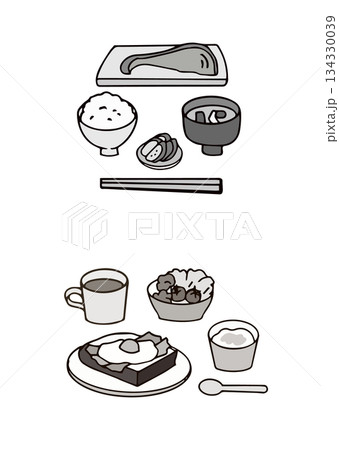 健康的な朝食のイラスト＿和食・洋食＿白黒 134330039