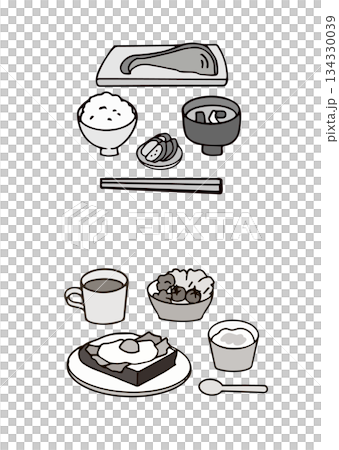 健康的な朝食のイラスト＿和食・洋食＿白黒 134330039