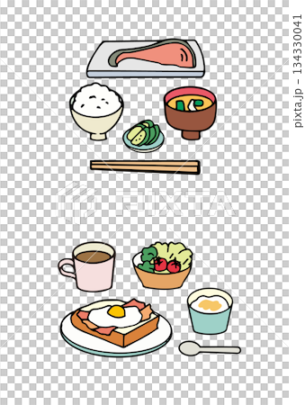 健康早餐插圖—日式和西式食物 134330041