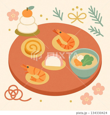 お正月のイラスト素材｜円卓に並ぶお雑煮、かまぼこ、海老、伊達巻、鏡餅　Generative AI 134330424