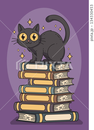 Black Cat Sitting on Stack of Books Black Cat Sitting on Stack of Books 134330453